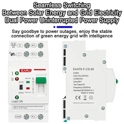 2P 4P 80A AC 230V 110V Mini ATS PV Solaire Double Alimentation Commutateur de Transfert Automatique Sélecteur Électrique Alimentation Ininterrompue