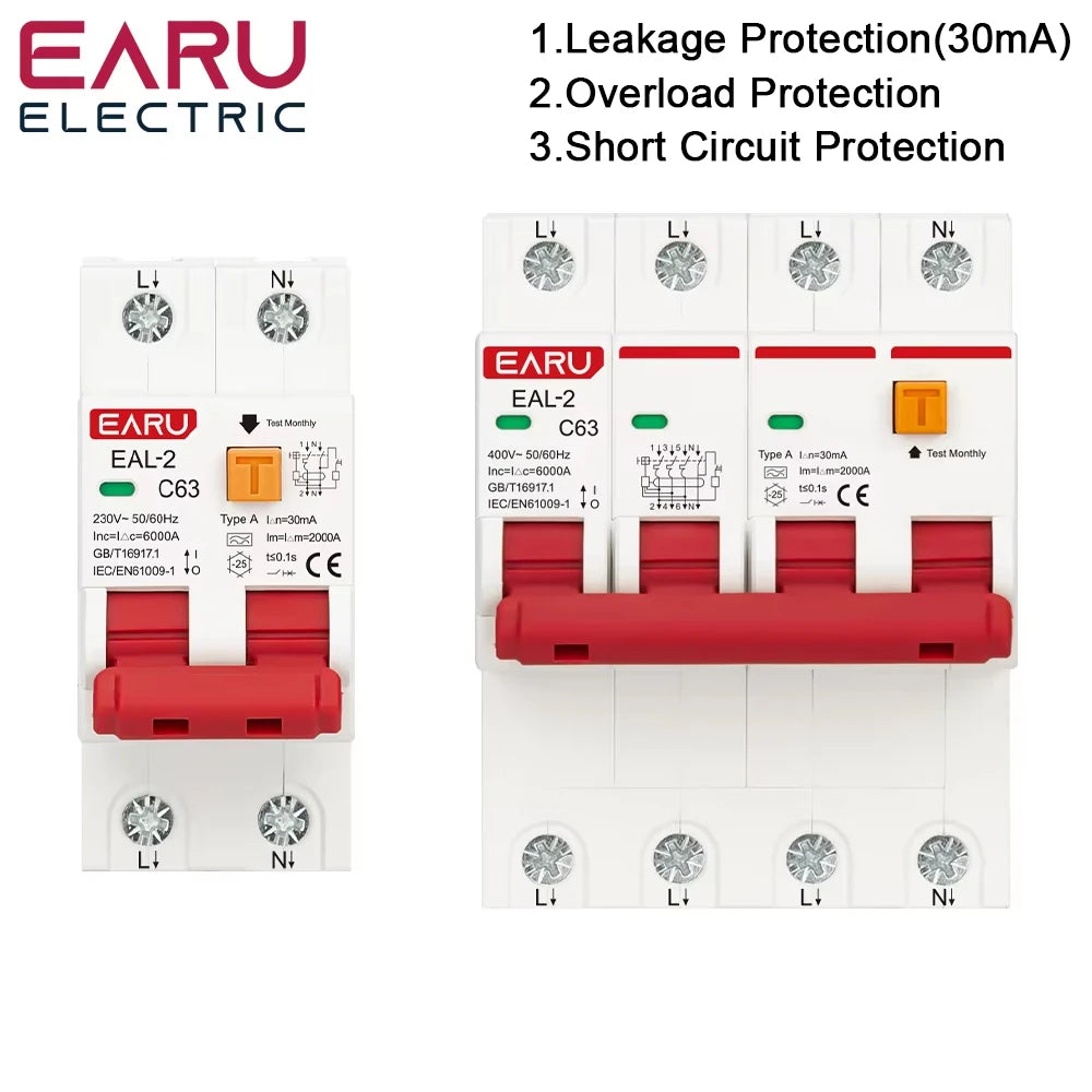 2P 4P CA 230V 400V Type A RCBO RCCB MCB Disjoncteur différentiel électronique de courant résiduel Protection contre les surintensités et les courts-circuits 30mA