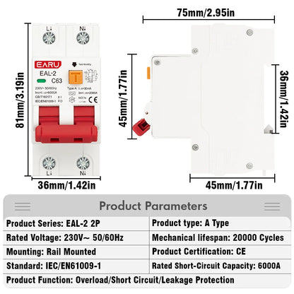 2P 4P CA 230V 400V Type A RCBO RCCB MCB Disjoncteur différentiel électronique de courant résiduel Protection contre les surintensités et les courts-circuits 30mA