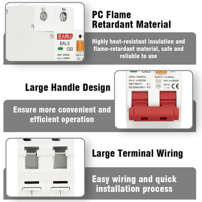 2P 4P CA 230V 400V Type A RCBO RCCB MCB Disjoncteur différentiel électronique de courant résiduel Protection contre les surintensités et les courts-circuits 30mA