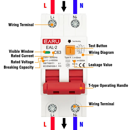 2P 4P CA 230V 400V Type A RCBO RCCB MCB Disjoncteur différentiel électronique de courant résiduel Protection contre les surintensités et les courts-circuits 30mA