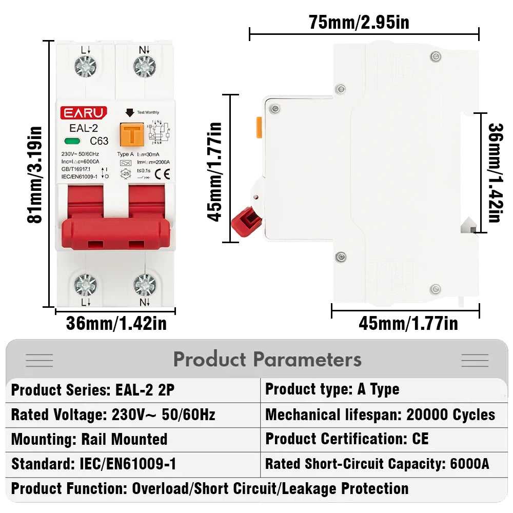 2P 4P CA 230V 400V Type A RCBO RCCB MCB Disjoncteur différentiel électronique de courant résiduel Protection contre les surintensités et les courts-circuits 30mA