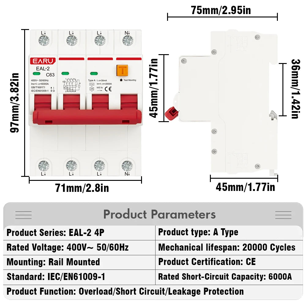 2P 4P CA 230V 400V Type A RCBO RCCB MCB Disjoncteur différentiel électronique de courant résiduel Protection contre les surintensités et les courts-circuits 30mA