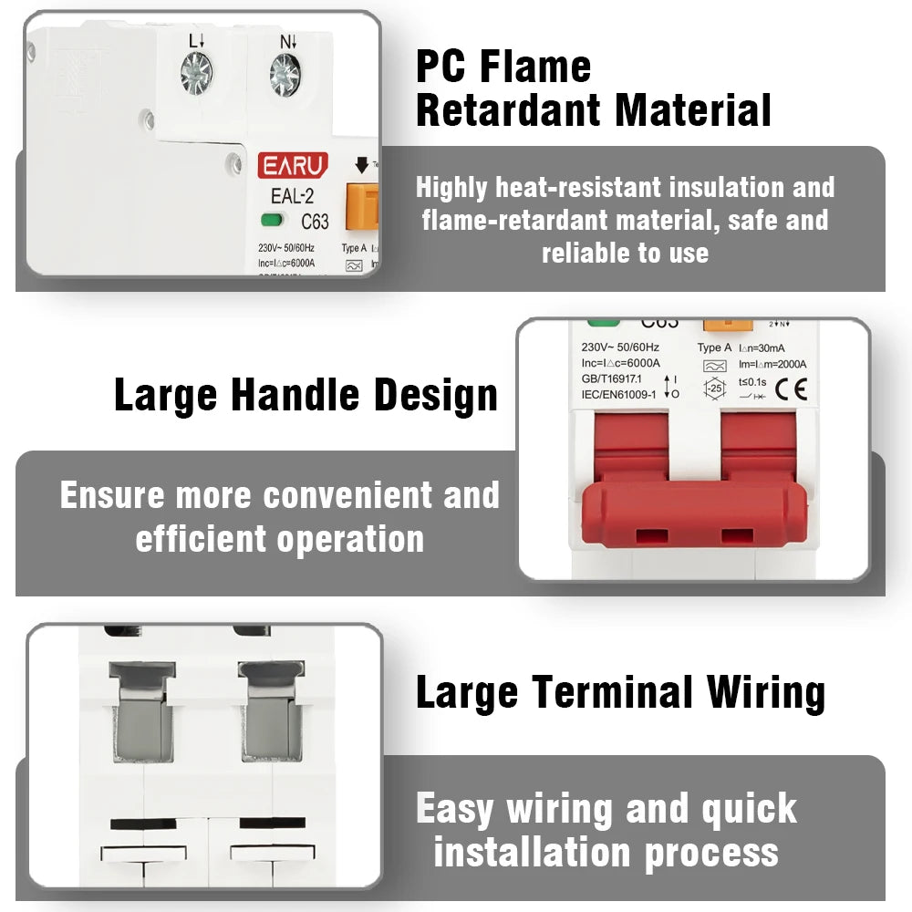 2P 4P CA 230V 400V Type A RCBO RCCB MCB Disjoncteur différentiel électronique de courant résiduel Protection contre les surintensités et les courts-circuits 30mA