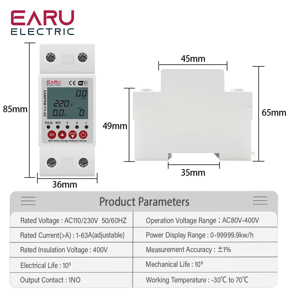 2P 63A TUYA APP WiFi Smart Circuit Earth Leakage Over Under Voltage Protector Relay Device Switch Breaker Energy Power kWh Meter by 54 Energy - Renewable Energy Store