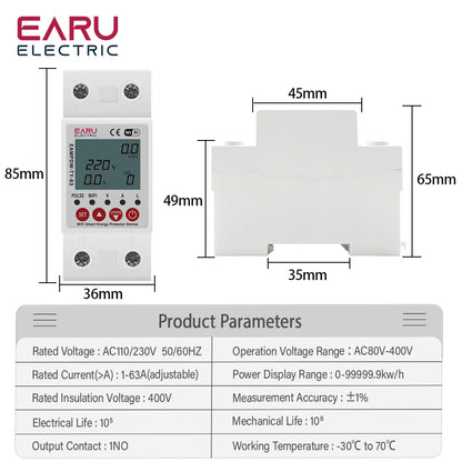 2P 63A TUYA APP WiFi Smart Circuit Earth Leakage Over Under Voltage Protector Relay Device Switch Breaker Energy Power kWh Meter by 54 Energy - Renewable Energy Store