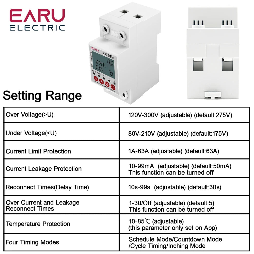2P 63A TUYA APP WiFi Smart Circuit Earth Leakage Over Under Voltage Protector Relay Device Switch Breaker Energy Power kWh Meter by 54 Energy - Renewable Energy Store