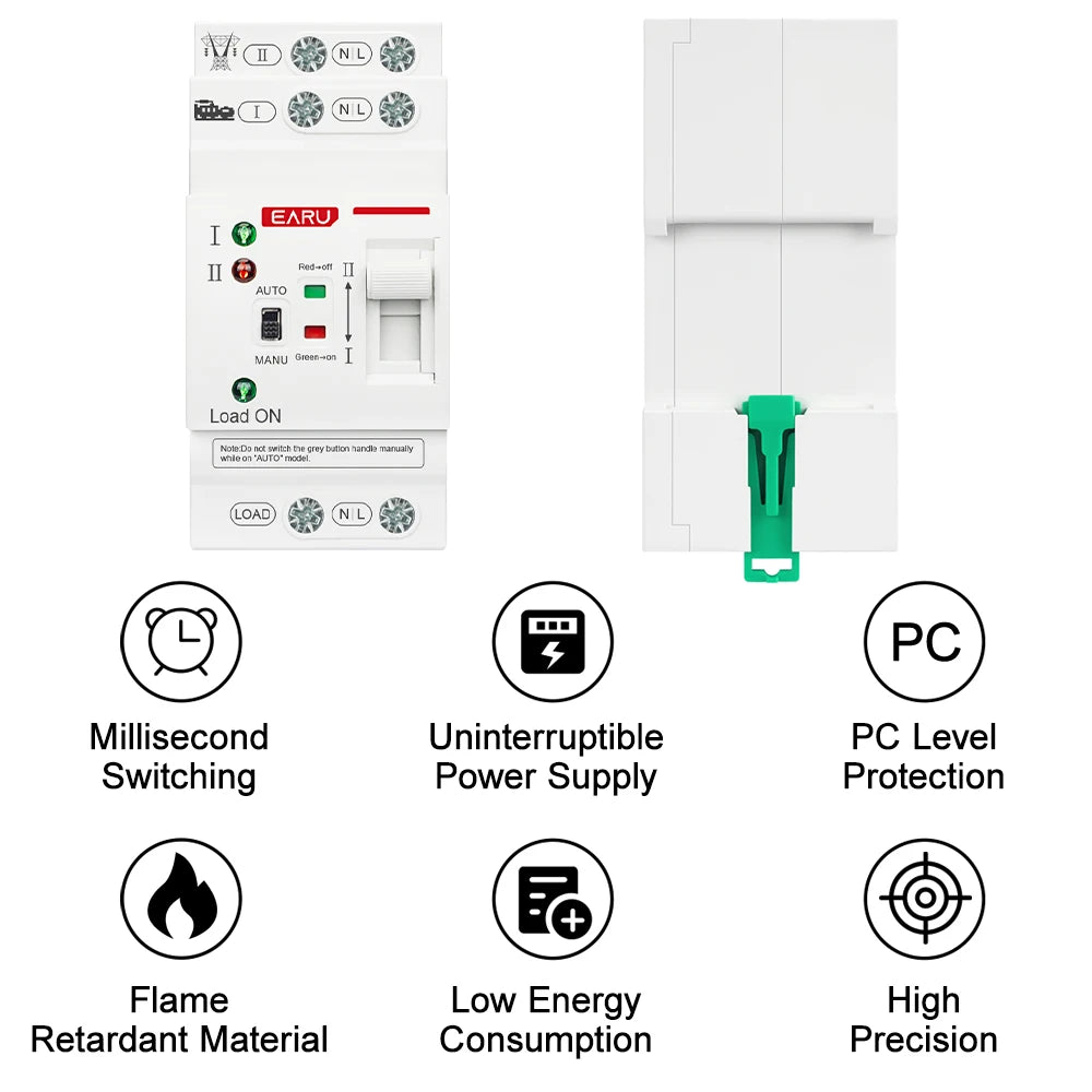 2P 80A AC 230V 50/60Hz ATS Mini Automatic Transfer Switch Dual Power Electrical Selector Switches Uninterrupted Power Din Rail