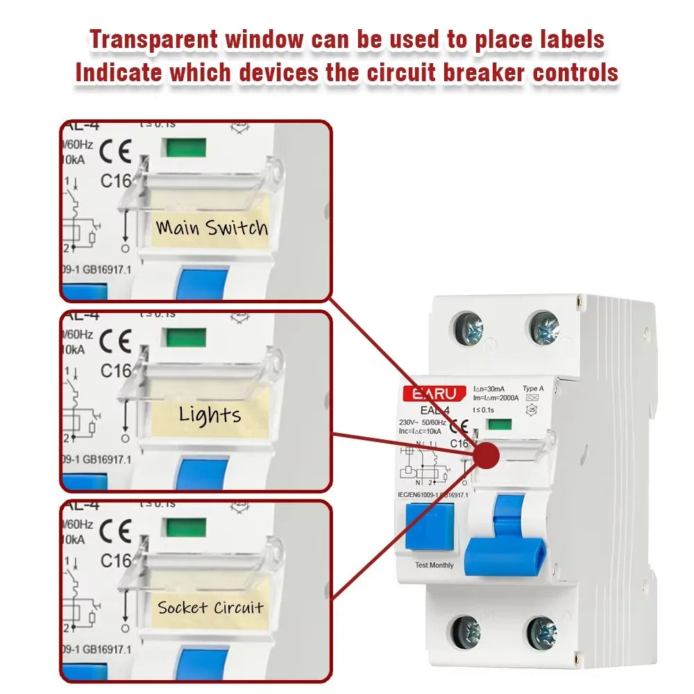 Disyuntor 2P AC230V 20A/25A/32A 30mA RCBO Tipo A L7-Arquitectura Curva de protección contra fugas B/C Características de disparo