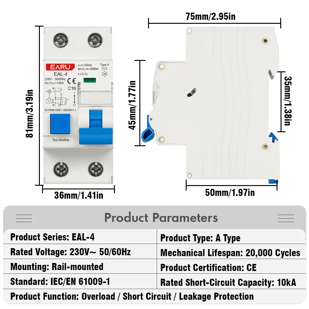Disyuntor 2P AC230V 20A/25A/32A 30mA RCBO Tipo A L7-Arquitectura Curva de protección contra fugas B/C Características de disparo