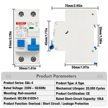 Disyuntor 2P AC230V 20A/25A/32A 30mA RCBO Tipo A L7-Arquitectura Curva de protección contra fugas B/C Características de disparo