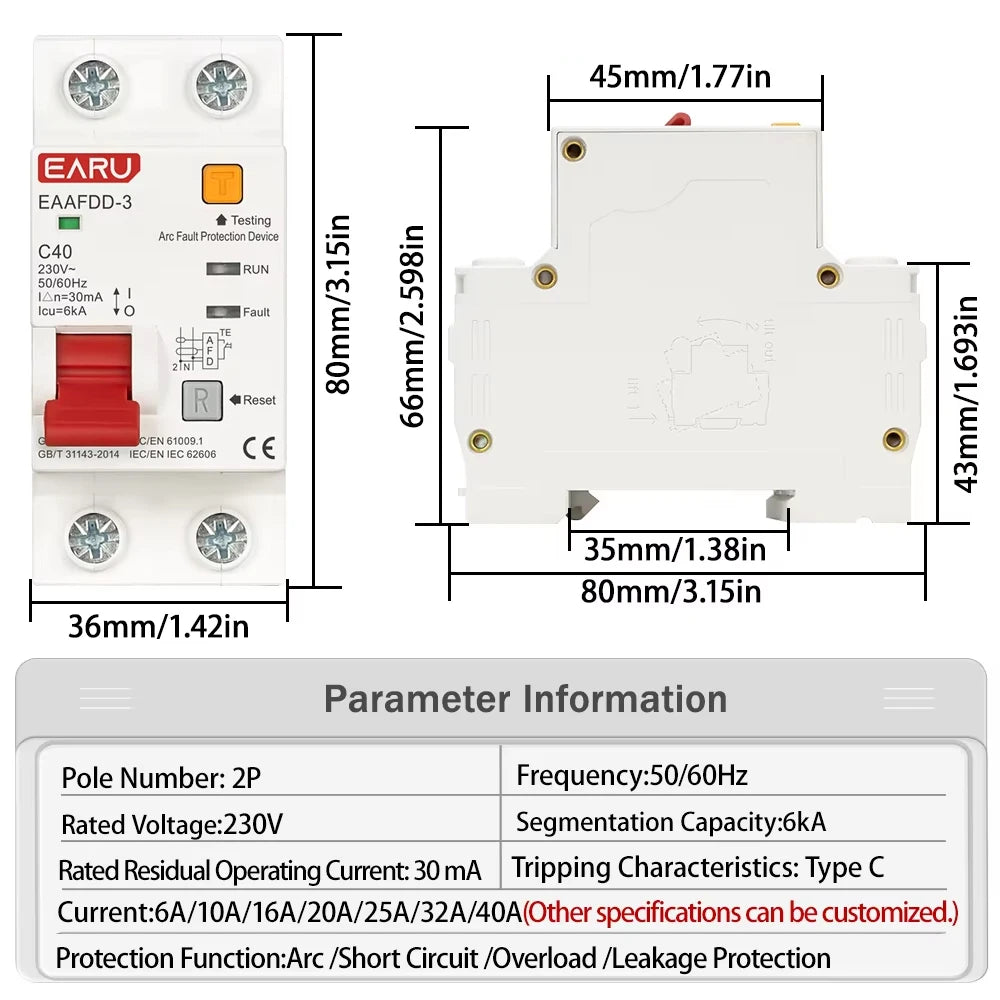 Dispositivo protector de arco AFCI de 2P AC230V RCBO MCB Interruptor de circuito Protección contra sobrecarga, fuga a tierra y cortocircuito