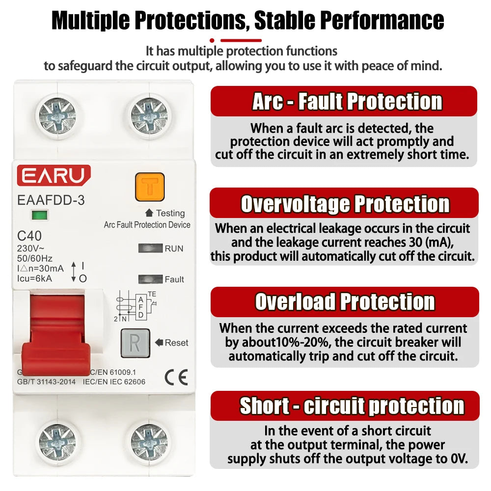Dispositivo protector de arco AFCI de 2P AC230V RCBO MCB Interruptor de circuito Protección contra sobrecarga, fuga a tierra y cortocircuito