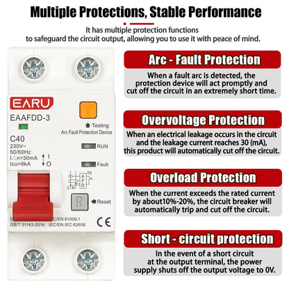 Dispositivo protector de arco AFCI de 2P AC230V RCBO MCB Interruptor de circuito Protección contra sobrecarga, fuga a tierra y cortocircuito