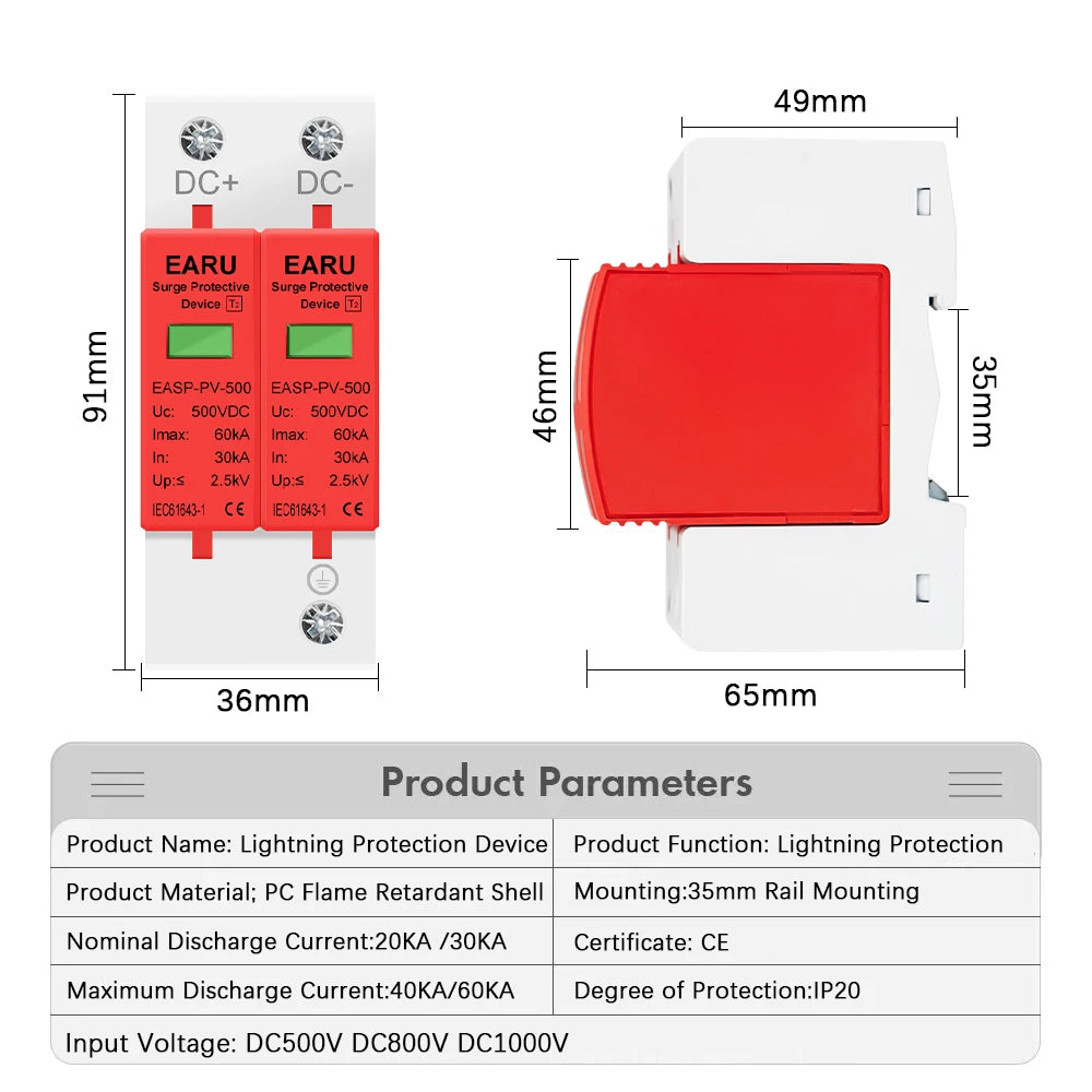 Parasurtenseur DC 2P Dispositif de protection contre les surtensions 500V 800V 1000V 20KA 30KA 40KA 60KA Protecteur de tension Parafoudre Solaire PV Photovoltaïque