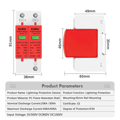 Parasurtenseur DC 2P Dispositif de protection contre les surtensions 500V 800V 1000V 20KA 30KA 40KA 60KA Protecteur de tension Parafoudre Solaire PV Photovoltaïque