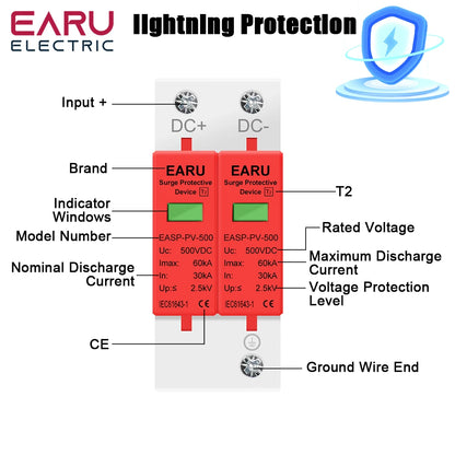 Parasurtenseur DC 2P Dispositif de protection contre les surtensions 500V 800V 1000V 20KA 30KA 40KA 60KA Protecteur de tension Parafoudre Solaire PV Photovoltaïque