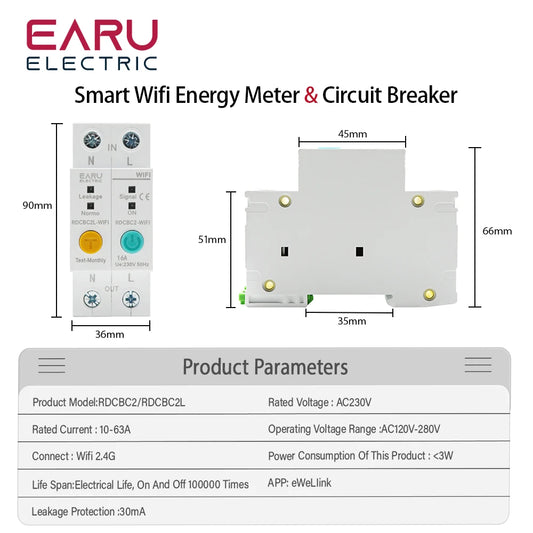 2P WIFI Circuit Breaker Energy Power kWh Meter Time Timer Switch Relay Voltmeter Current Leakage Protection RCBO Remote Control by 54 Energy - Renewable Energy Store