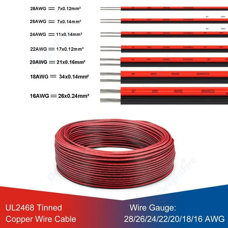 2Pin LED Extension Cable 28 26 24 22 20 18 16 AWG Red Black Tinned Copper 12V Wire by 54 Energy - Renewable Energy Store