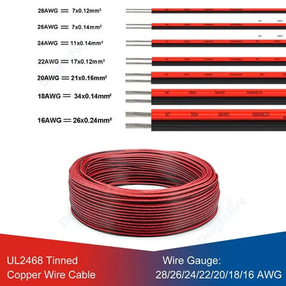 2Pin LED Extension Cable 28 26 24 22 20 18 16 AWG Red Black Tinned Copper 12V Wire by 54 Energy - Renewable Energy Store