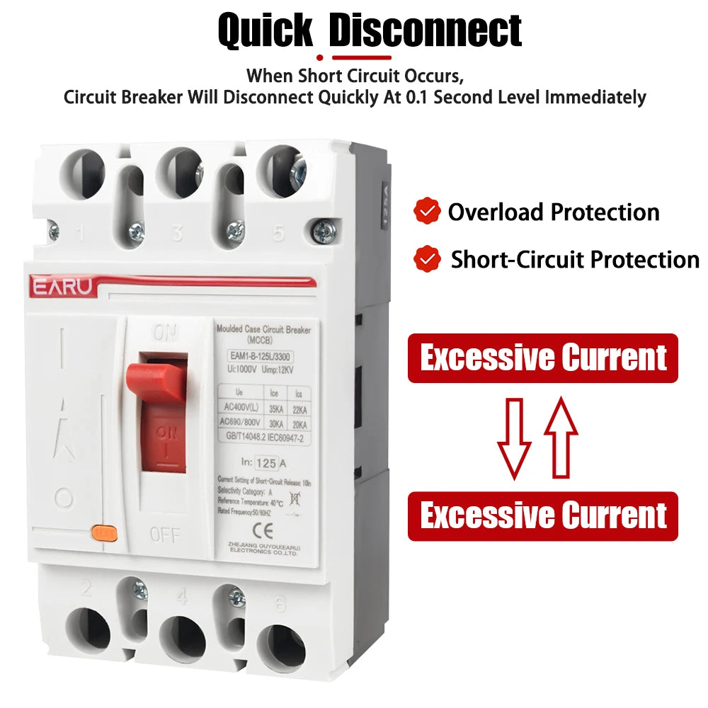 Disjoncteur à boîtier moulé (MCCB) solaire 3P 4P AC 400V 100A-250A - Protection contre les surcharges pour les installations photovoltaïques solaires