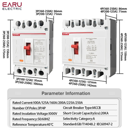 Disjoncteur à boîtier moulé (MCCB) solaire 3P 4P AC 400V 100A-250A - Protection contre les surcharges pour les installations photovoltaïques solaires