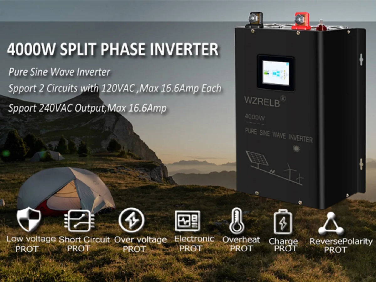 4000W Split phase Pure Sine Wave Inverter 24V/36V/48V/72V/96V DC to 110/220V,120/240V AC Converter Solar Power Battery Generator - 54 Energy - Renewable Energy Store