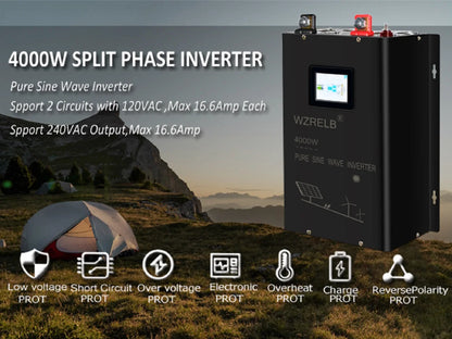 4000W Split phase Pure Sine Wave Inverter 24V/36V/48V/72V/96V DC to 110/220V,120/240V AC Converter Solar Power Battery Generator - 54 Energy - Renewable Energy Store