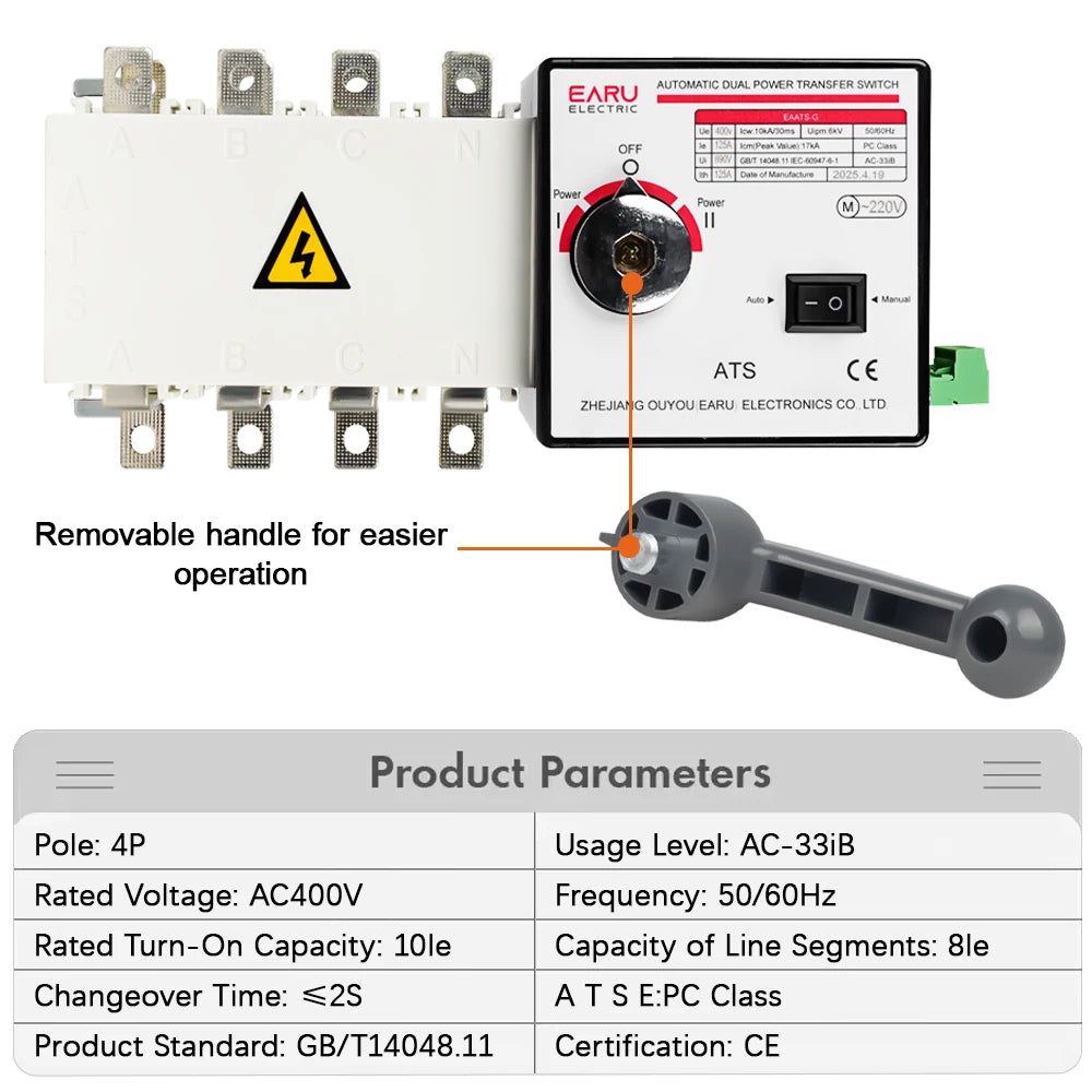 4P 125A AC400V ATS PC Interruptor de transferencia automática Selector eléctrico Auto o Manual 2 Entradas 1 Salida Energía ininterrumpida