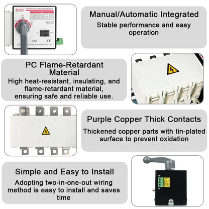 4P 160A AC400V ATS PC Commutateur de transfert automatique Sélecteur électrique Commutateurs auto ou manuels 2 entrées 1 sortie Alimentation ininterrompue