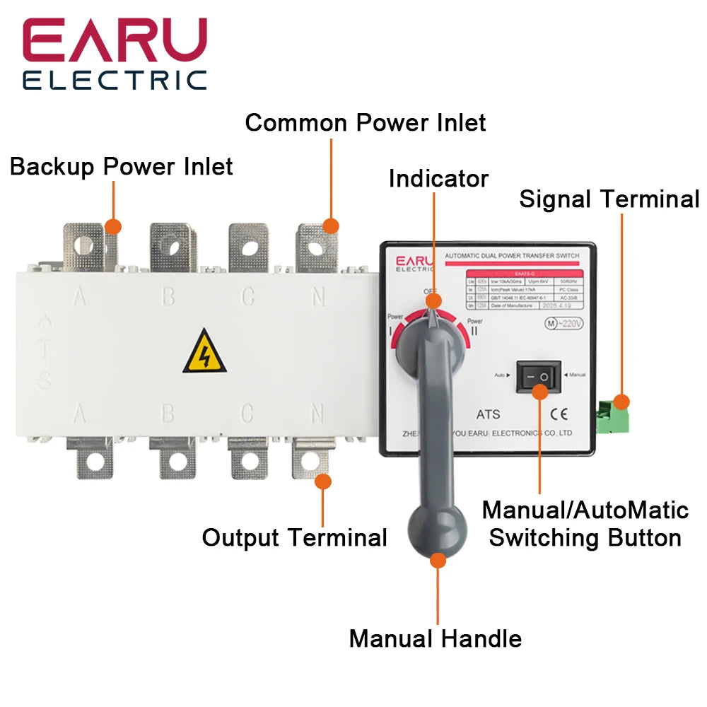 4P 250A AC400V ATS PC Interruptor de Transferencia Automática Selector Eléctrico Automático o Manual 2 Entradas 1 Salida Energía Ininterrumpida