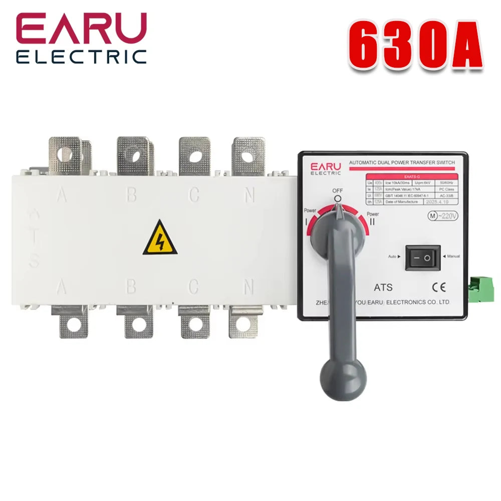 4P 630A AC400V ATS PC Interruptor de transferencia automático Selector eléctrico Interruptor automático o manual 2 entradas 1 salida Alimentación ininterrumpida