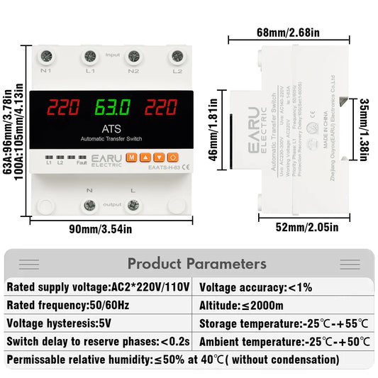 63A 100A 220V ATS Protection réglable contre les surtensions et sous-tensions, convertisseur de puissance double, relais de surveillance de commutateur de transfert automatique