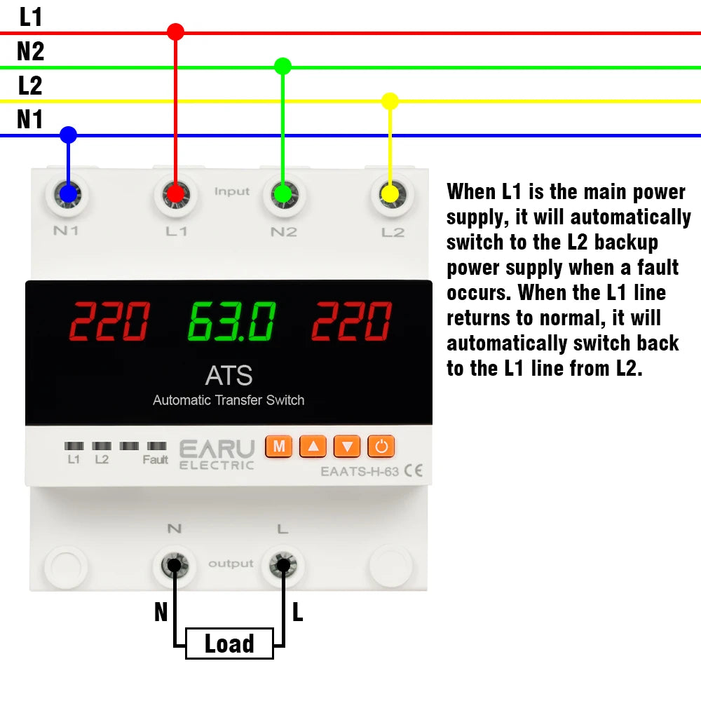 63A 100A 220V ATS Adjustable Over Under Voltage Current Protector Dual Power Conversion Automatic Transfer Switch Monitor Relay