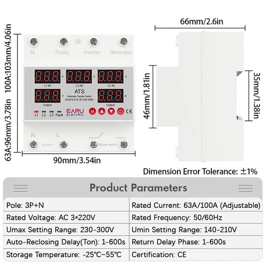 63A 100A Sélecteur de phase 3 Phases 3P+N Protecteur de surtension et sous-tension réglable Commutateur de transfert automatique ATS Relais de surveillance