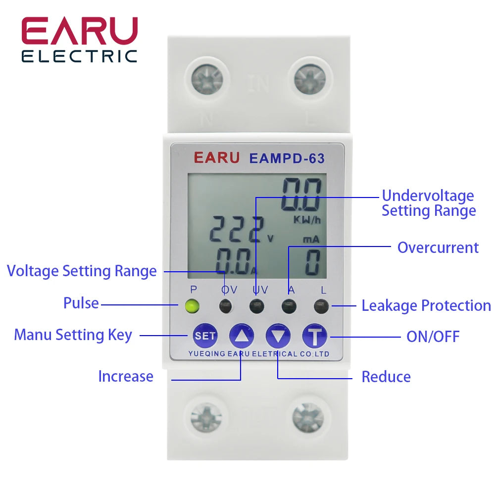 63A AC 230V Earth Leakage Relay with Voltage Protector & Display by 54 Energy - Renewable Energy Store