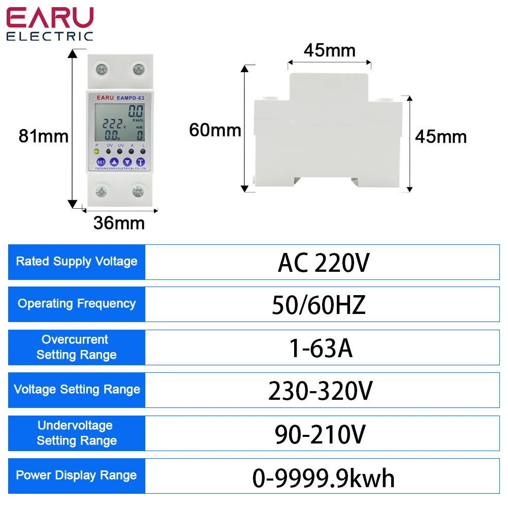 63A AC 230V Earth Leakage Relay with Voltage Protector & Display by 54 Energy - Renewable Energy Store