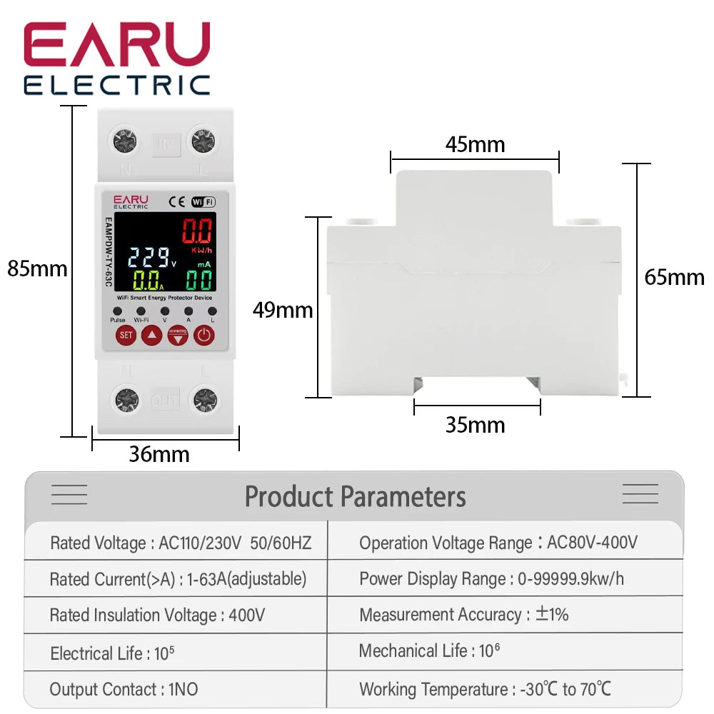 63A AC 230V Tuya WiFi Smart Energy Meter Power kWh Meter Earth Leakage Over Under Voltage Protector Relay Device Switch Breaker by 54 Energy - Renewable Energy Store