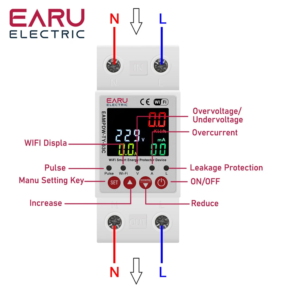 63A AC 230V Tuya WiFi Smart Energy Meter Power kWh Meter Earth Leakage Over Under Voltage Protector Relay Device Switch Breaker by 54 Energy - Renewable Energy Store