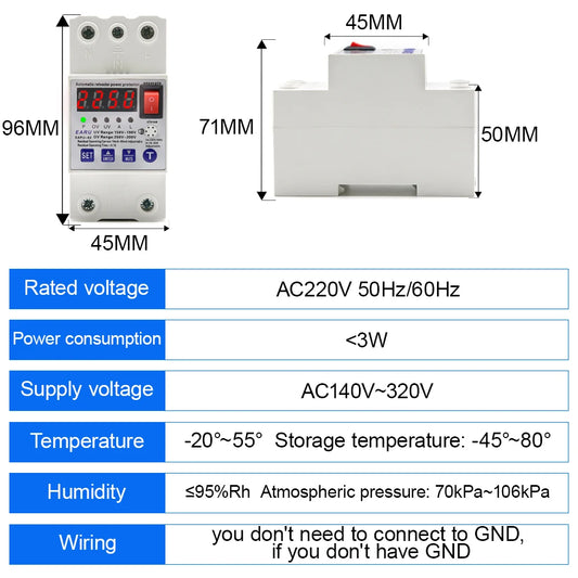 63A Automatic Reconnect Circuit Breaker Over And Under Voltage Over Current Leakage Protection Surge Protect Protector Relay by 54 Energy - Renewable Energy Store