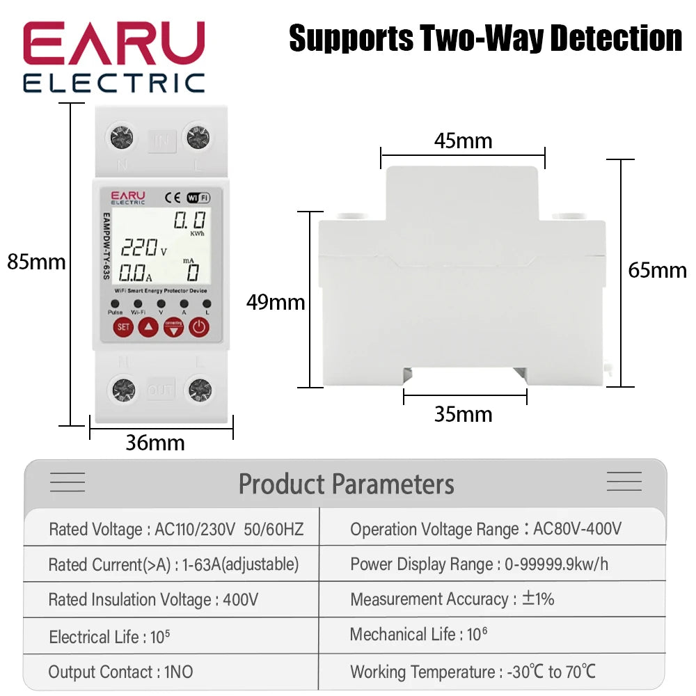 63A Tuya Smart WiFi Circuit Breaker Switch BI-Direction Measuring Earth Leakage Over Under Voltage Protector Energy Power Meter by 54 Energy - Renewable Energy Store