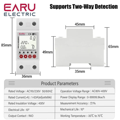 63A Tuya Smart WiFi Circuit Breaker Switch BI-Direction Measuring Earth Leakage Over Under Voltage Protector Energy Power Meter by 54 Energy - Renewable Energy Store