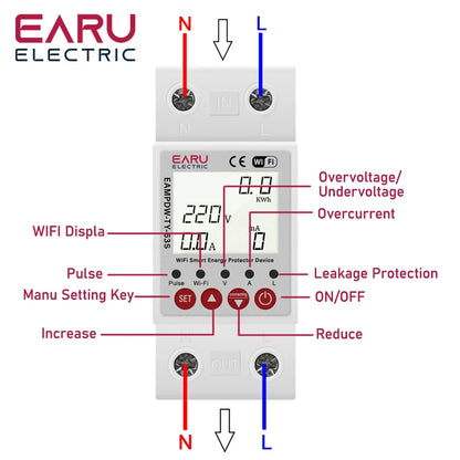 63A Tuya Smart WiFi Circuit Breaker Switch BI-Direction Measuring Earth Leakage Over Under Voltage Protector Energy Power Meter by 54 Energy - Renewable Energy Store
