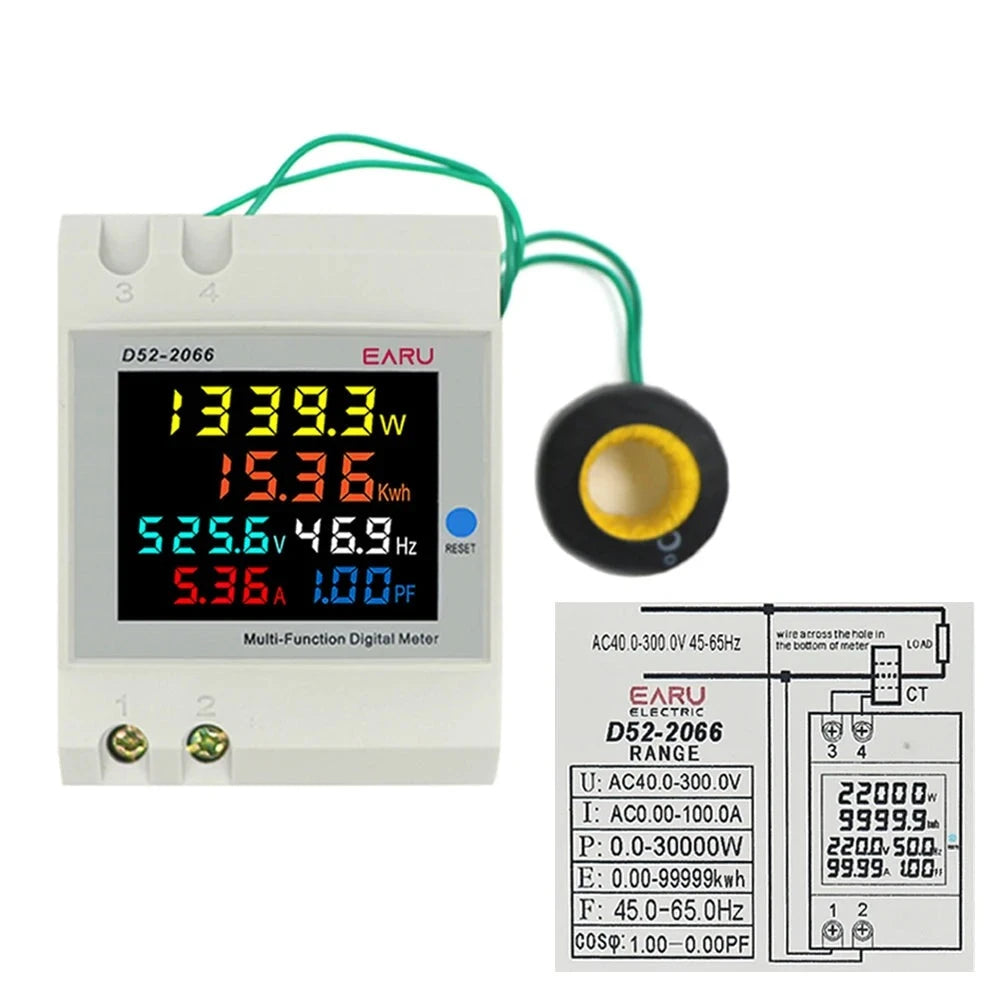 6IN1 Display Smart Meter Din Rail AC Monitor Voltage Current Power Factor Active KWH Electric Energy Frequency Meter D52-2066 by 54 Energy - Renewable Energy Store