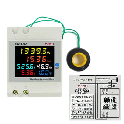 6IN1 Display Smart Meter Din Rail AC Monitor Voltage Current Power Factor Active KWH Electric Energy Frequency Meter D52-2066 by 54 Energy - Renewable Energy Store