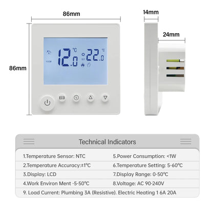 AC90V-240V 3A 16A Water Electric Floor Heating TRV House Room Thermostat Temperature Controller Digital LCD Display Wall Mounted by 54 Energy - Renewable Energy Store
