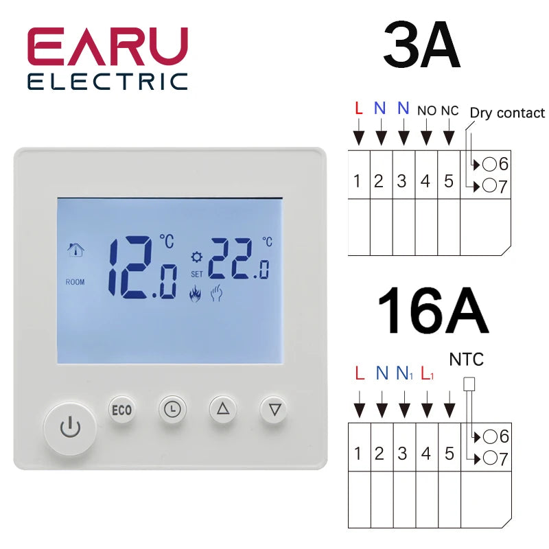 AC90V-240V 3A 16A Water Electric Floor Heating TRV House Room Thermostat Temperature Controller Digital LCD Display Wall Mounted by 54 Energy - Renewable Energy Store