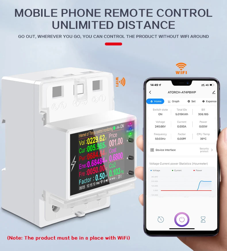 AT4PW 100A Tuya WIFI Din Rail Smart Switch Remote Control AC 220V 110V Digital Power Energy Volt Amp Kwh Frequency Factor Meter by 54 Energy - Renewable Energy Store