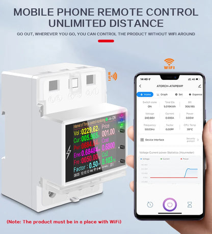 AT4PW 100A Tuya WIFI Din Rail Smart Switch Remote Control AC 220V 110V Digital Power Energy Volt Amp Kwh Frequency Factor Meter by 54 Energy - Renewable Energy Store