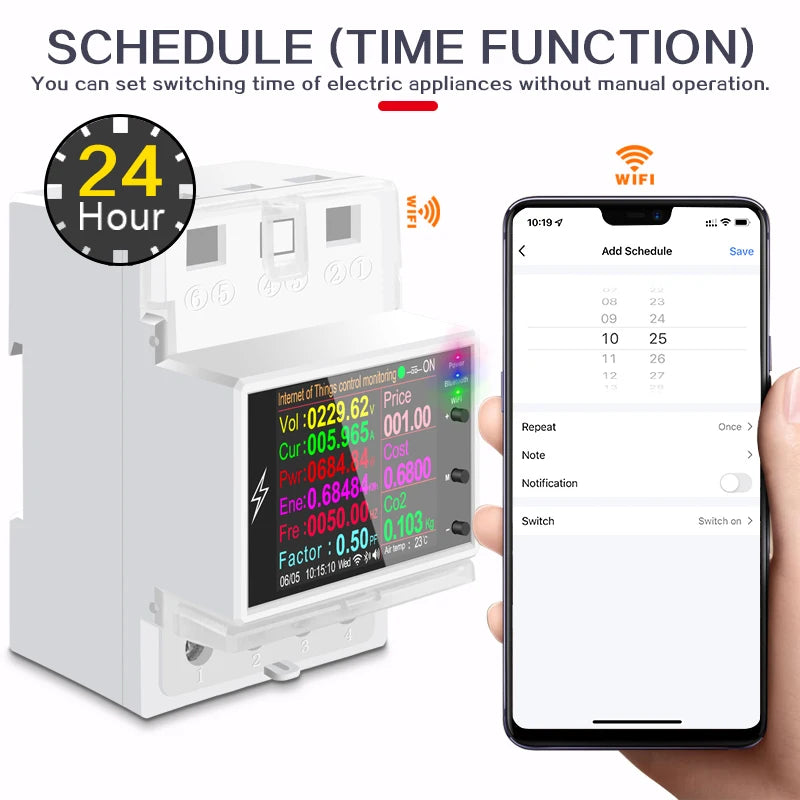 AT4PW 100A Tuya WIFI Din Rail Smart Switch Remote Control AC 220V 110V Digital Power Energy Volt Amp Kwh Frequency Factor Meter by 54 Energy - Renewable Energy Store